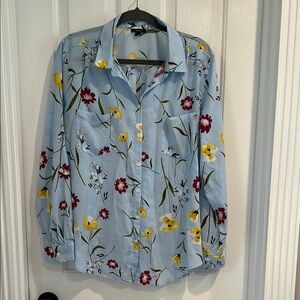 Ann Taylor Factory Blue and Yellow Button Down Shirt with Notched Collar